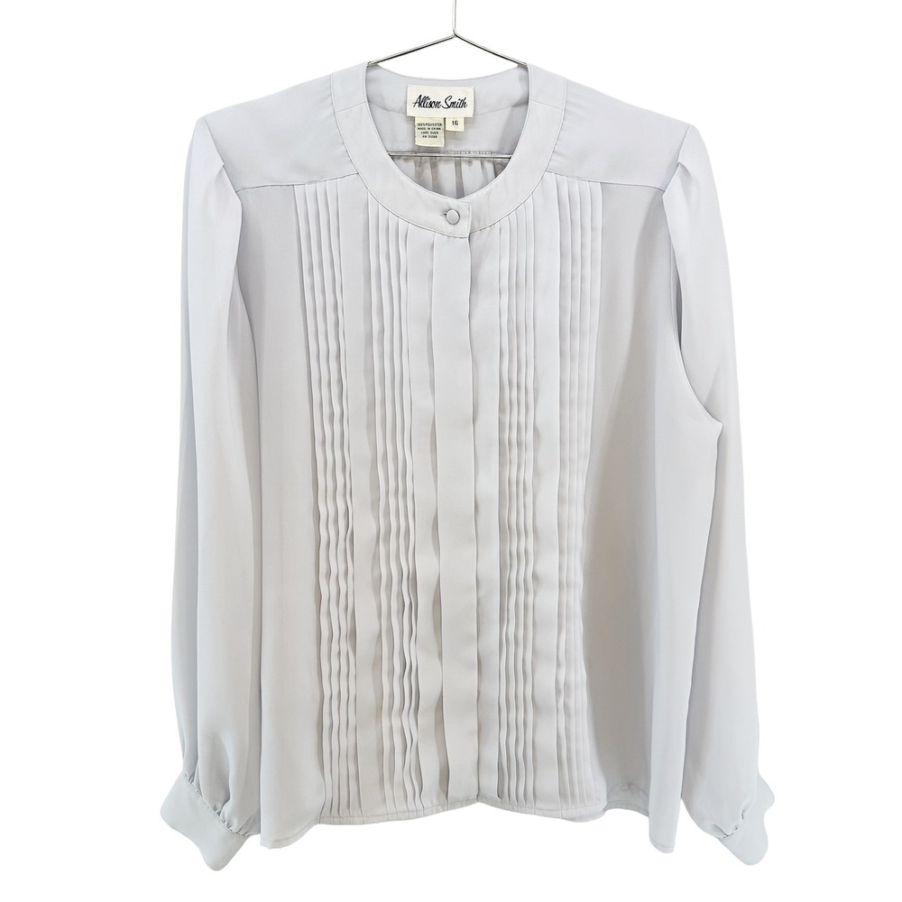 ALLISON SMITH Vintage Pleated Blouse • 16 • light gray •‎ chic office preppy